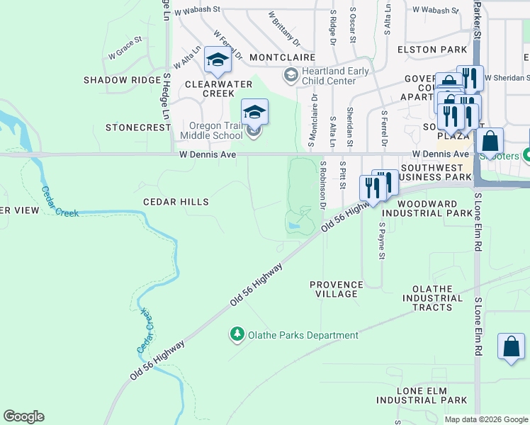map of restaurants, bars, coffee shops, grocery stores, and more near 1800 West Old 56 Highway in Olathe