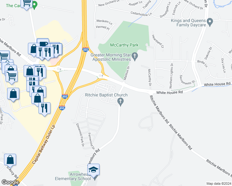 map of restaurants, bars, coffee shops, grocery stores, and more near 9807 Weshire drive in Upper Marlboro
