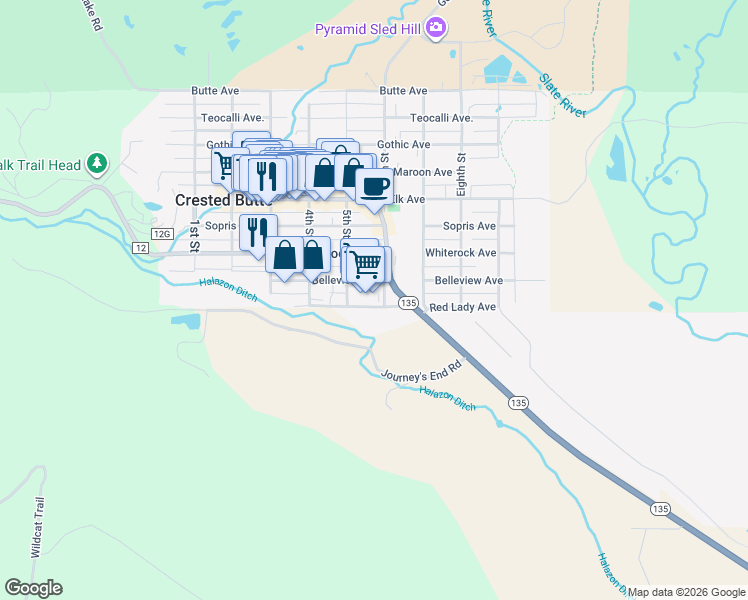 map of restaurants, bars, coffee shops, grocery stores, and more near 717 6th Street in Crested Butte