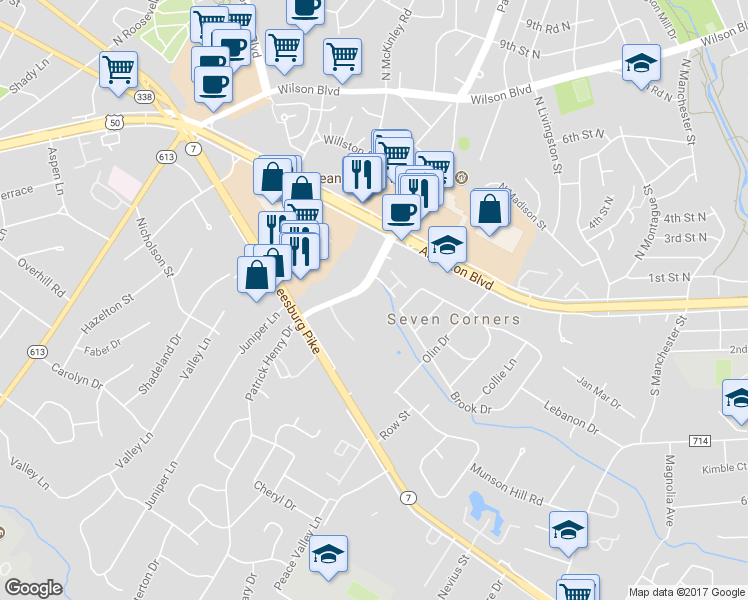 map of restaurants, bars, coffee shops, grocery stores, and more near 3035 Patrick Henry Drive in Falls Church