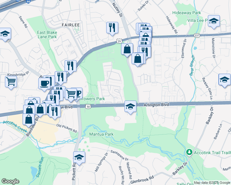 map of restaurants, bars, coffee shops, grocery stores, and more near 9213 Graceland Place in Fairfax