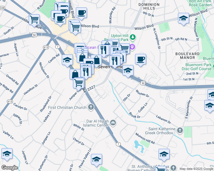 map of restaurants, bars, coffee shops, grocery stores, and more near 3035 Patrick Henry Drive in Falls Church