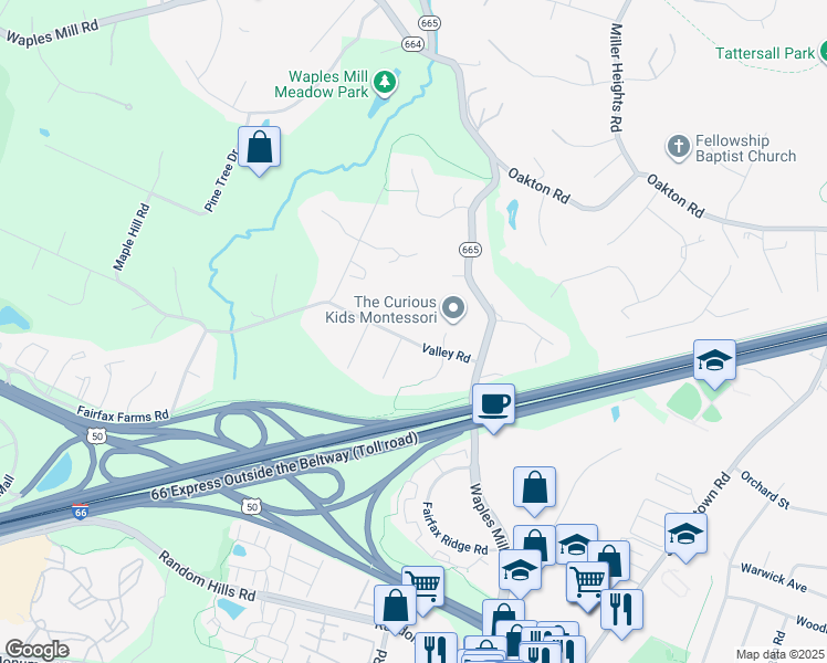 map of restaurants, bars, coffee shops, grocery stores, and more near 11400 Valley Road in Fairfax