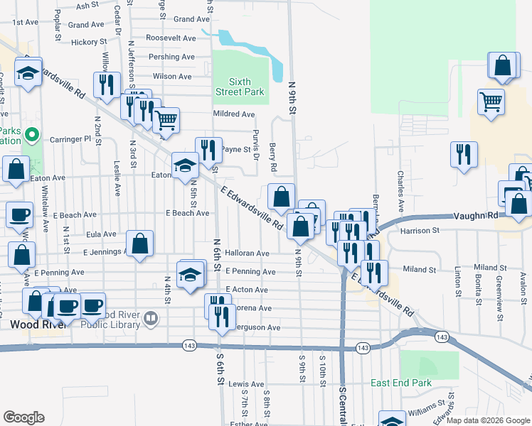 map of restaurants, bars, coffee shops, grocery stores, and more near 504 Metzger Avenue in Wood River