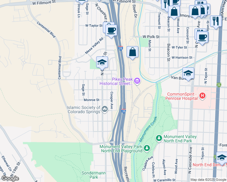 map of restaurants, bars, coffee shops, grocery stores, and more near 2327 Cooper Avenue in Colorado Springs