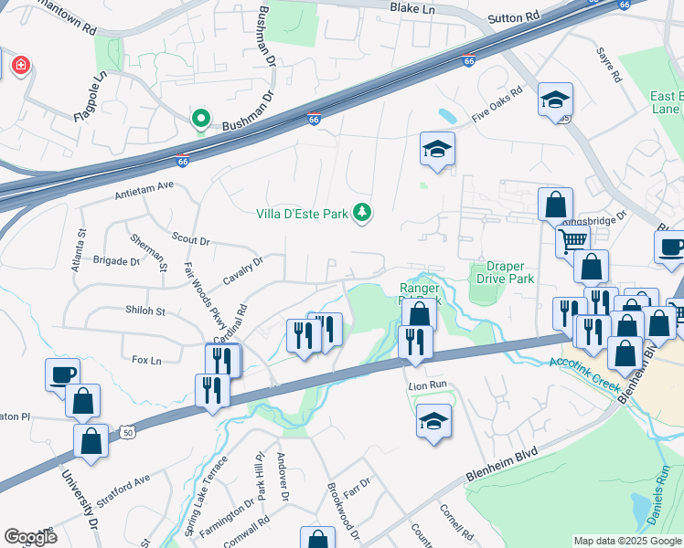 map of restaurants, bars, coffee shops, grocery stores, and more near 9892 Ranger Road in Fairfax