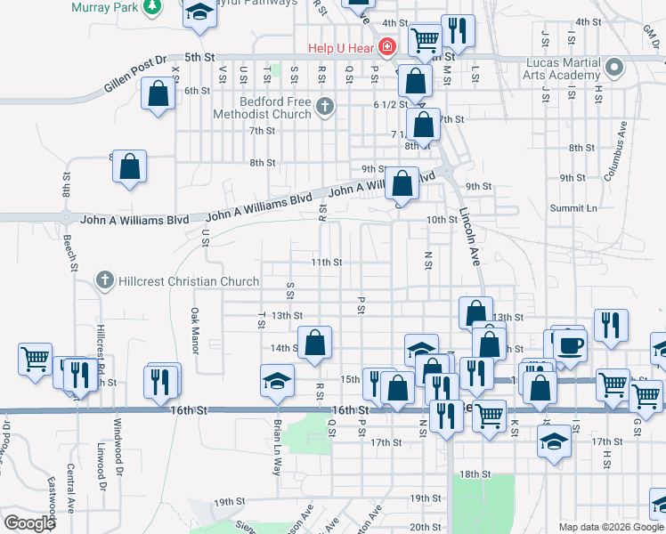 map of restaurants, bars, coffee shops, grocery stores, and more near 1704 11th Street in Bedford