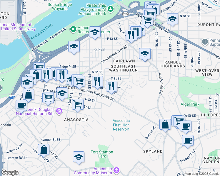 map of restaurants, bars, coffee shops, grocery stores, and more near 1832 U Place Southeast in Washington