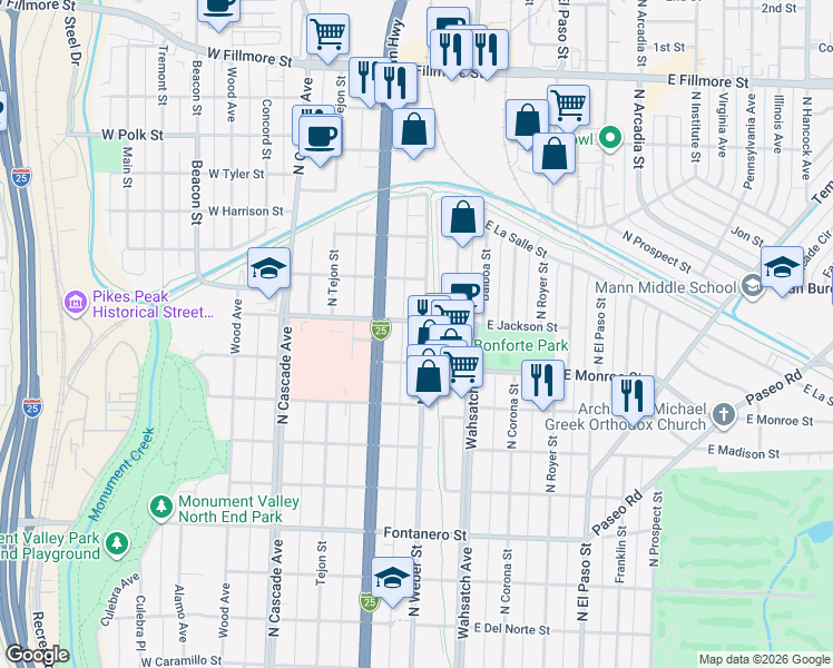 map of restaurants, bars, coffee shops, grocery stores, and more near 2326 North Weber Street in Colorado Springs