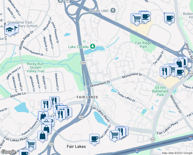 map of restaurants, bars, coffee shops, grocery stores, and more near Mazarin Pl in Chantilly