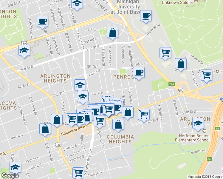 map of restaurants, bars, coffee shops, grocery stores, and more near 728 South Adams Street in Arlington
