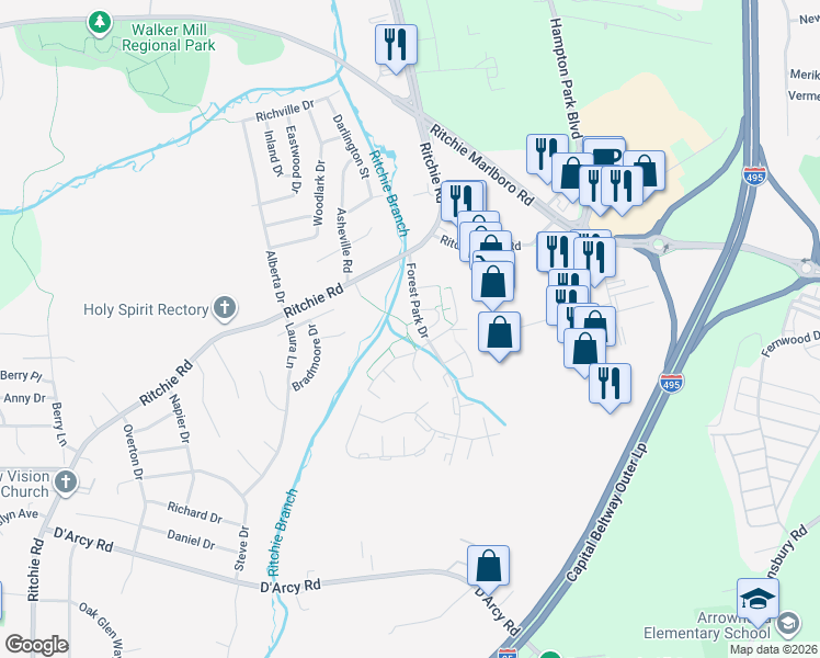 map of restaurants, bars, coffee shops, grocery stores, and more near 1651 Forest Park Drive in District Heights