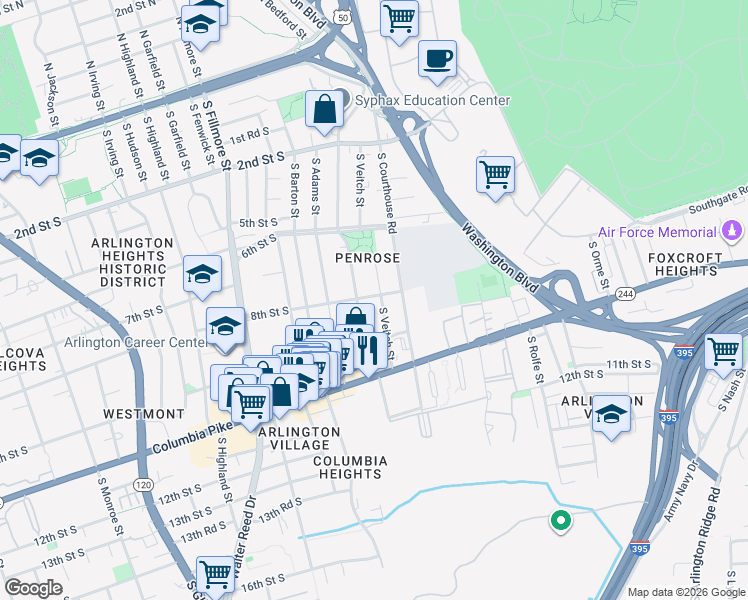 map of restaurants, bars, coffee shops, grocery stores, and more near 800 South Veitch Street in Arlington