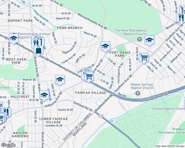 map of restaurants, bars, coffee shops, grocery stores, and more near 3851 Alabama Avenue Southeast in Washington