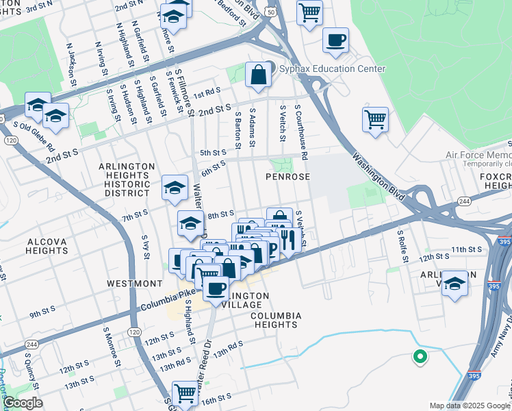 map of restaurants, bars, coffee shops, grocery stores, and more near 728 South Adams Street in Arlington