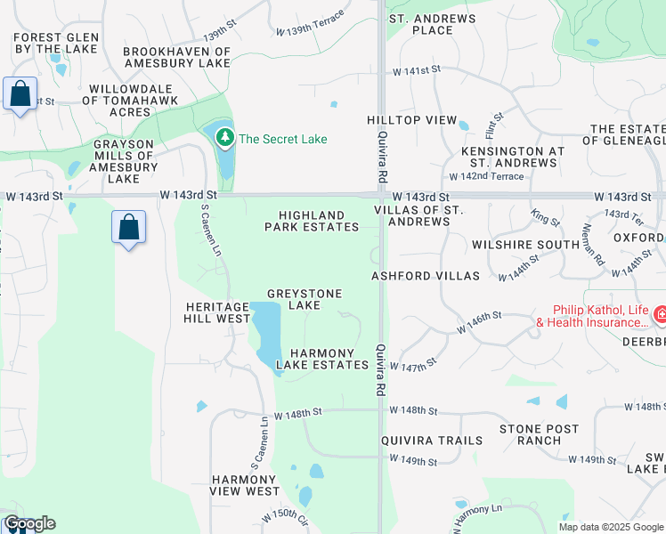 map of restaurants, bars, coffee shops, grocery stores, and more near 14410 South Quivira Road in Olathe