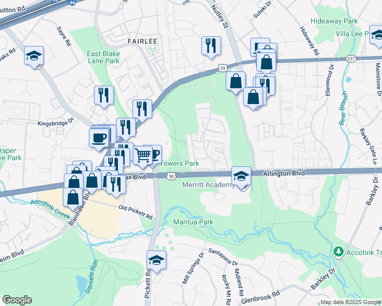 map of restaurants, bars, coffee shops, grocery stores, and more near 3172 Cantrell Lane in Fairfax