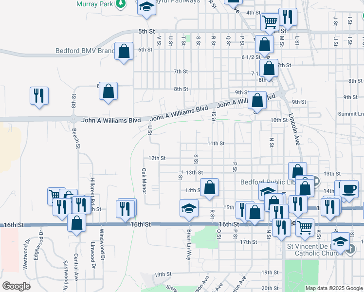 map of restaurants, bars, coffee shops, grocery stores, and more near 1102 T Street in Bedford