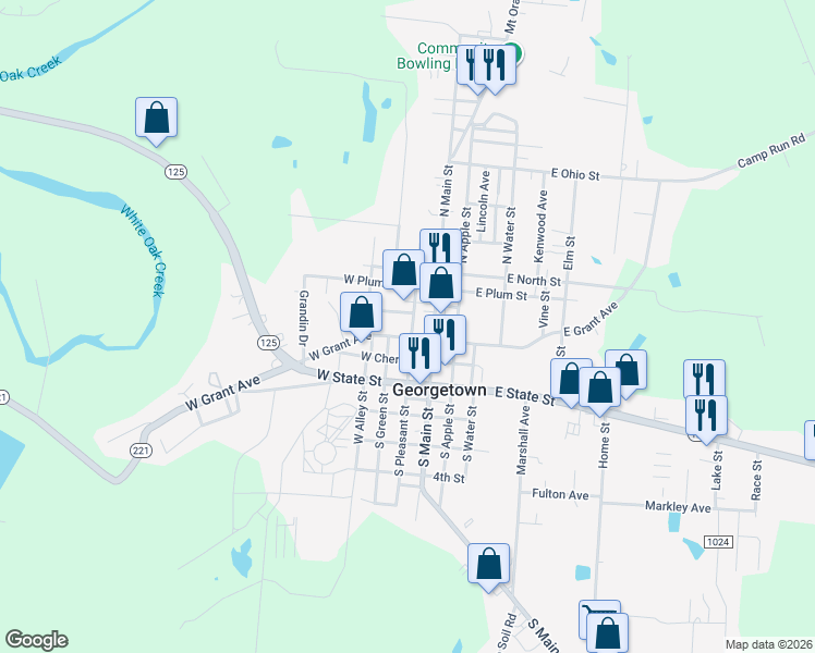 map of restaurants, bars, coffee shops, grocery stores, and more near 200 West Grant Avenue in Georgetown