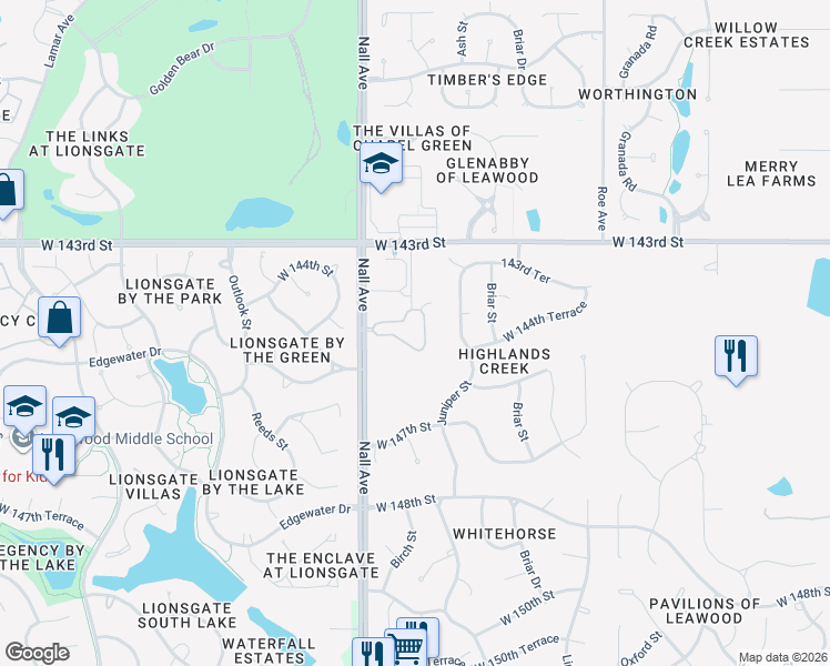 map of restaurants, bars, coffee shops, grocery stores, and more near 5428 West 145th Terrace in Leawood