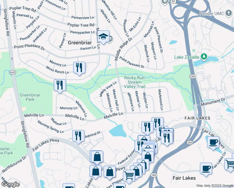 map of restaurants, bars, coffee shops, grocery stores, and more near 4409 Manor Hall Lane in Fairfax