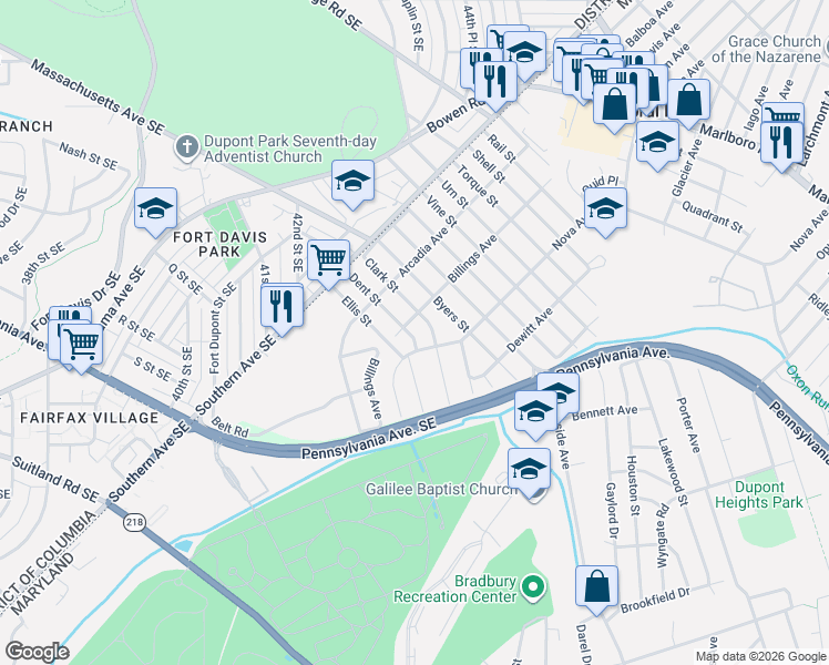 map of restaurants, bars, coffee shops, grocery stores, and more near 4004 Dent Street in Capitol Heights