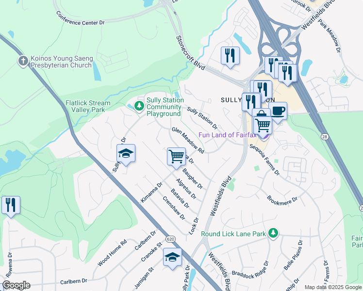 map of restaurants, bars, coffee shops, grocery stores, and more near 14630 Lilva Drive in Centreville