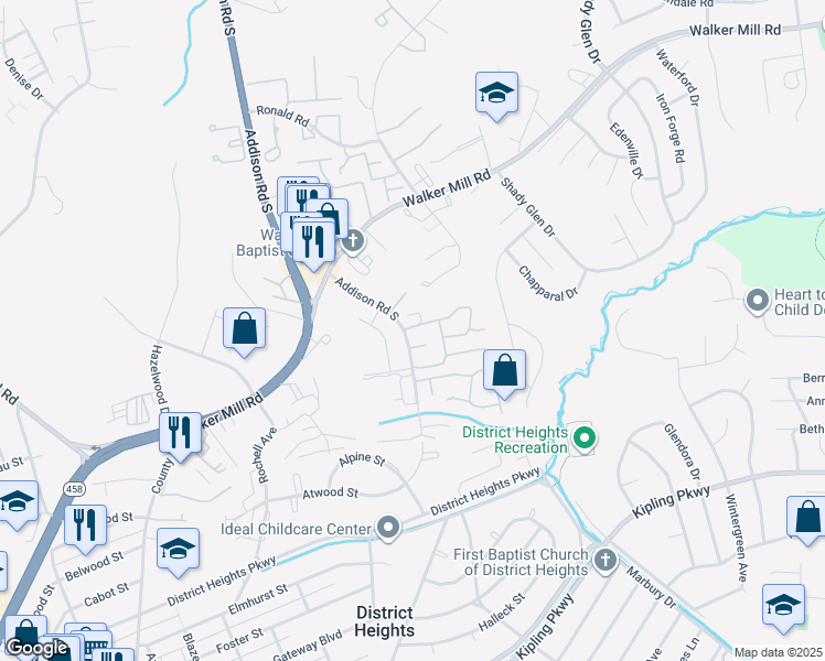 map of restaurants, bars, coffee shops, grocery stores, and more near 1828 Addison Road South in District Heights