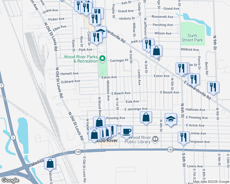 map of restaurants, bars, coffee shops, grocery stores, and more near 71 East Beach Avenue in Wood River