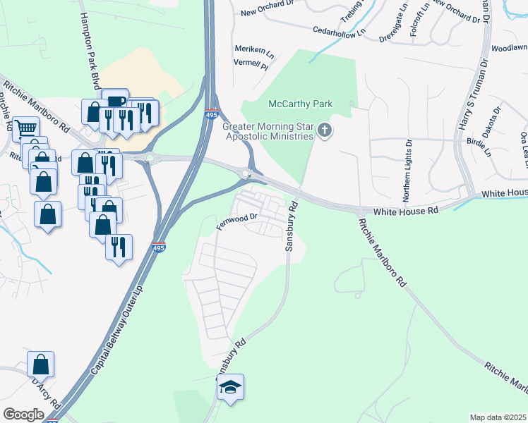 map of restaurants, bars, coffee shops, grocery stores, and more near 1635 Fernwood Drive in Upper Marlboro