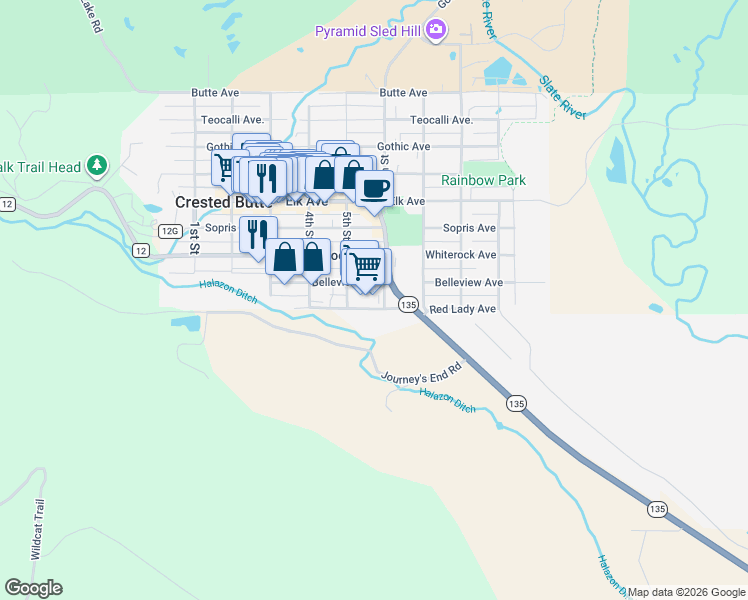 map of restaurants, bars, coffee shops, grocery stores, and more near 717 6th Street in Crested Butte