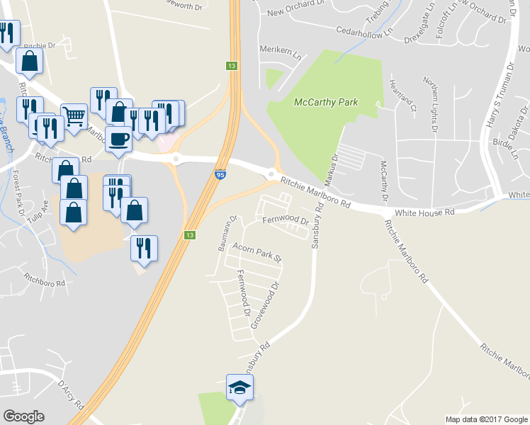 map of restaurants, bars, coffee shops, grocery stores, and more near 1743 Fernwood Drive in Upper Marlboro
