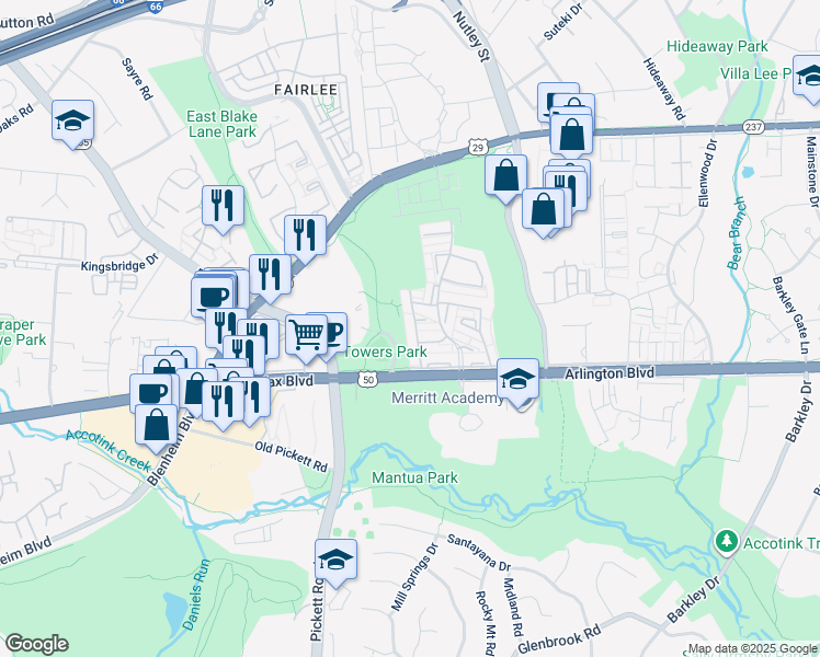 map of restaurants, bars, coffee shops, grocery stores, and more near 3172 Cantrell Lane in Fairfax