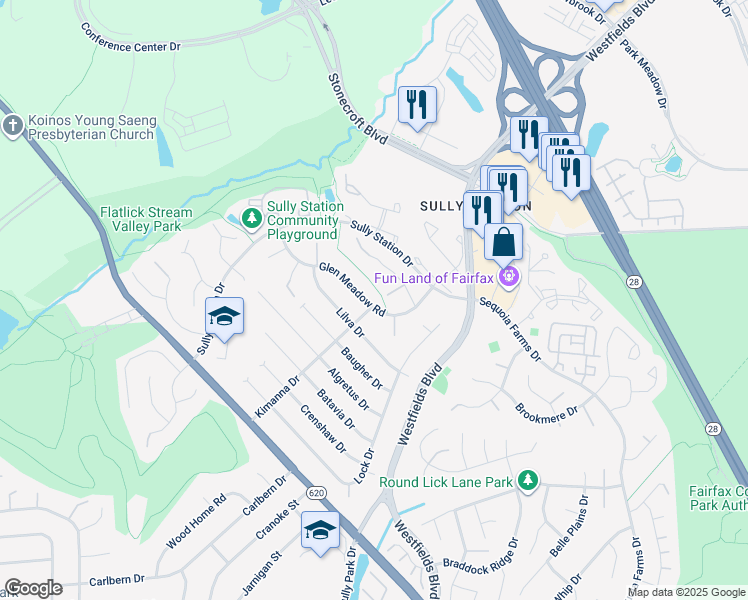 map of restaurants, bars, coffee shops, grocery stores, and more near 5228 Glen Meadow Road in Centreville