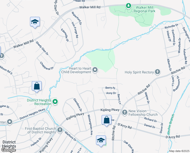 map of restaurants, bars, coffee shops, grocery stores, and more near 7607 Starshine Drive in District Heights