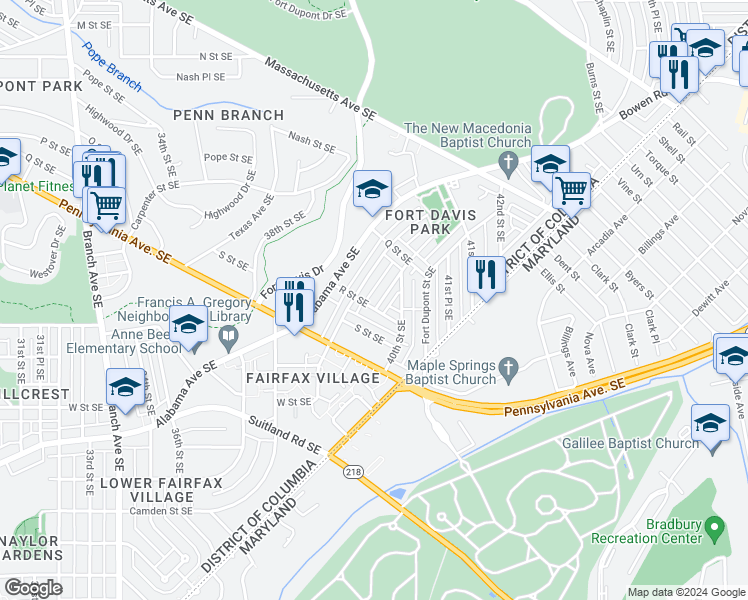 map of restaurants, bars, coffee shops, grocery stores, and more near 1667 Fort Davis Place Southeast in Washington