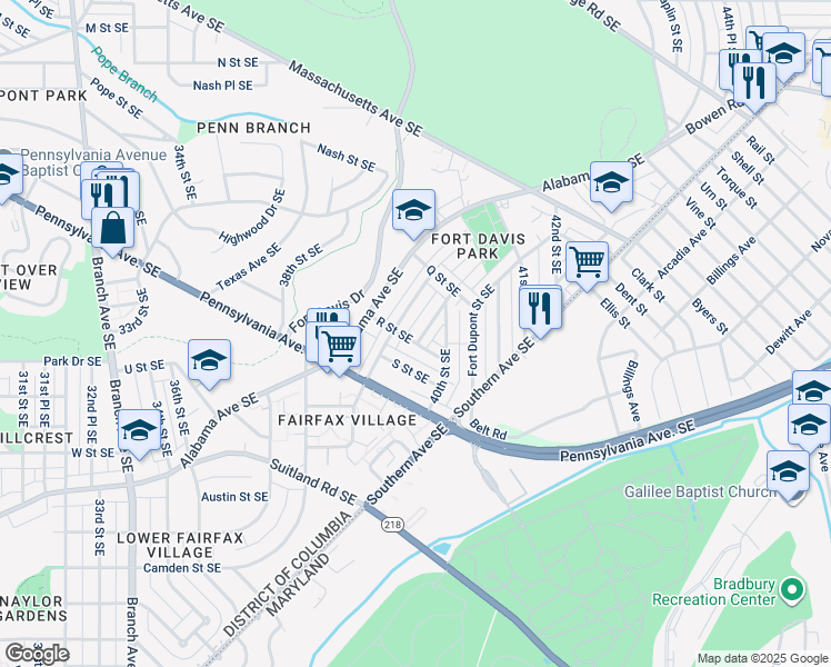 map of restaurants, bars, coffee shops, grocery stores, and more near 1667 Fort Davis Place Southeast in Washington