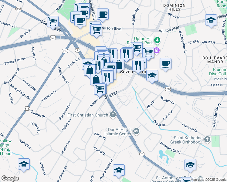 map of restaurants, bars, coffee shops, grocery stores, and more near 3074 Patrick Henry Drive in Falls Church