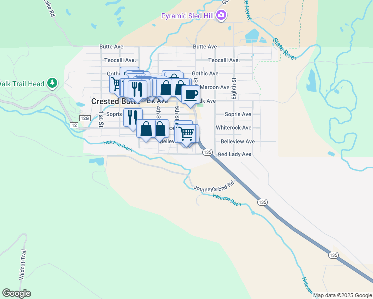 map of restaurants, bars, coffee shops, grocery stores, and more near 717 6th Street in Crested Butte