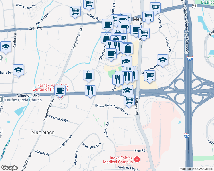 map of restaurants, bars, coffee shops, grocery stores, and more near 50 Gatehouse Road in Fairfax