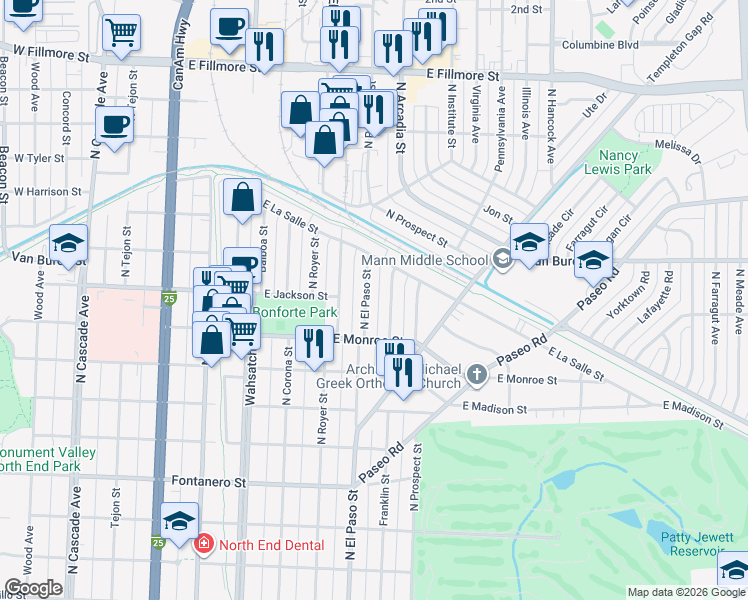 map of restaurants, bars, coffee shops, grocery stores, and more near 2337 North El Paso Street in Colorado Springs