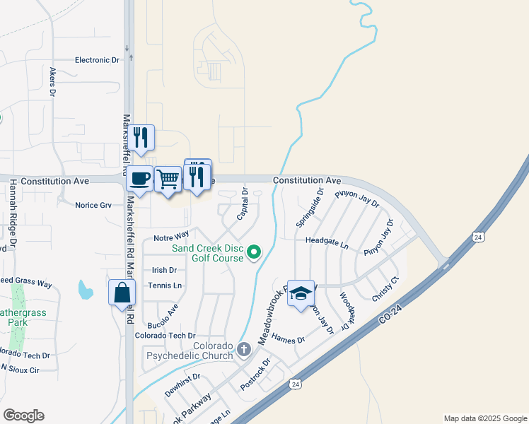map of restaurants, bars, coffee shops, grocery stores, and more near 2417 Obsidian Forest View in Colorado Springs
