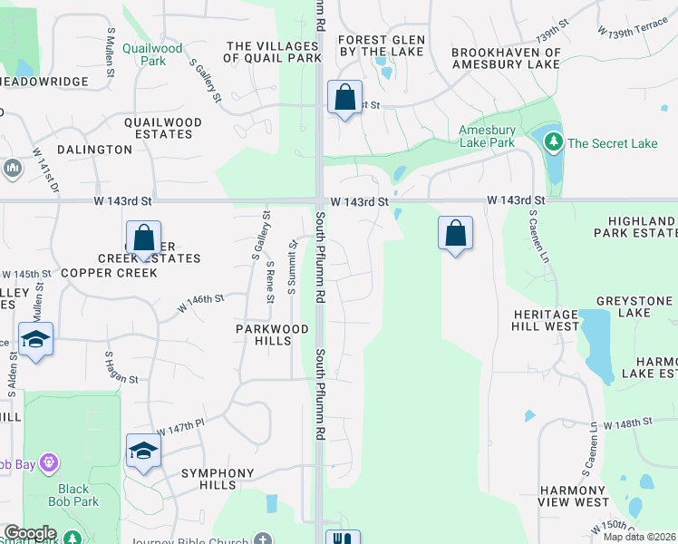 map of restaurants, bars, coffee shops, grocery stores, and more near 14373-14769 South Pflumm Road in Olathe