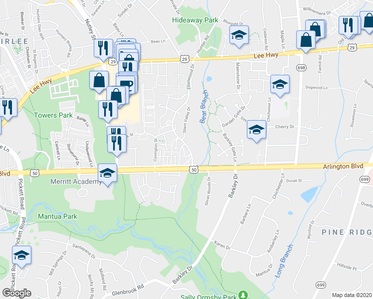 map of restaurants, bars, coffee shops, grocery stores, and more near 3148 Ellenwood Drive in Fairfax