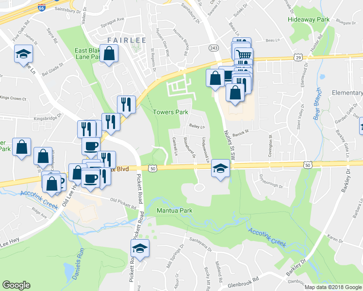 map of restaurants, bars, coffee shops, grocery stores, and more near 9306 Silver Mill Place in Fairfax