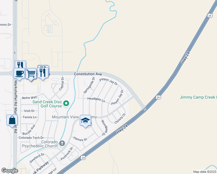 map of restaurants, bars, coffee shops, grocery stores, and more near 2342 Woodpark Drive in Colorado Springs