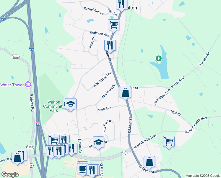 map of restaurants, bars, coffee shops, grocery stores, and more near 15 Alta Vista Drive in Walton