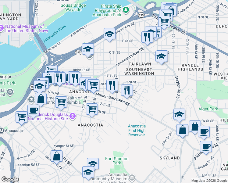 map of restaurants, bars, coffee shops, grocery stores, and more near 1927 18th Street Southeast in Washington