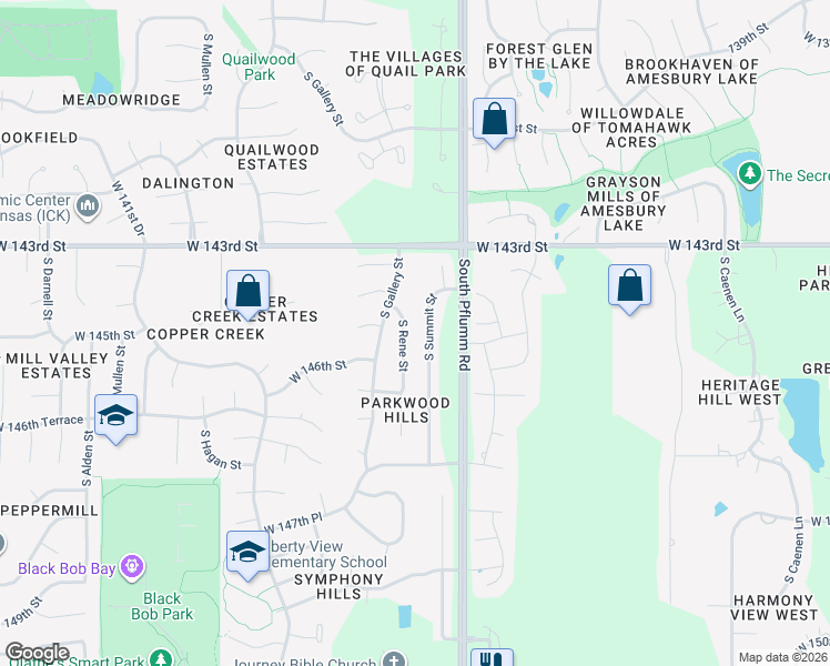 map of restaurants, bars, coffee shops, grocery stores, and more near 14503 S Rene St in Olathe