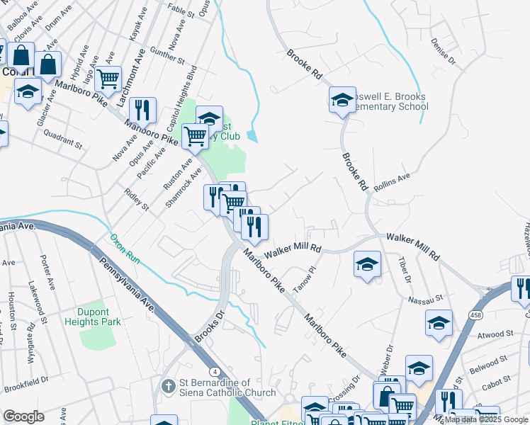 map of restaurants, bars, coffee shops, grocery stores, and more near 1933 Brooks Drive in Capitol Heights